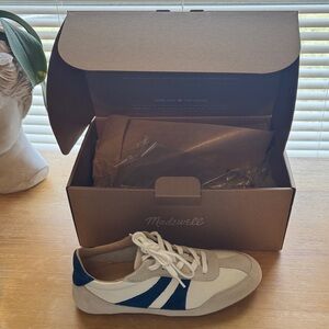 Madewell Men's White Sneakers with Navy Stripes and Gray Suede Trim